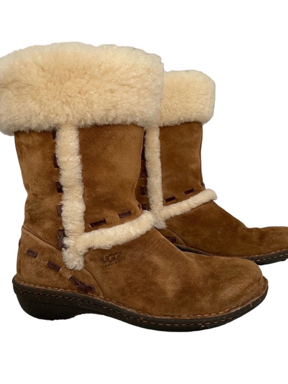 UGG Chestnut Suede Shearling Mid-Calf Boots with Cream Cuff